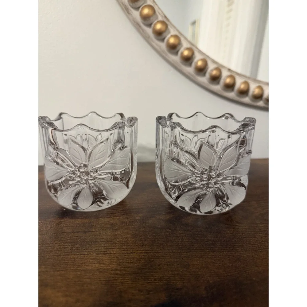 Mikasa‎ Festive Poinsettia Crystal Votive Candle Holders Set of 2 Christmas